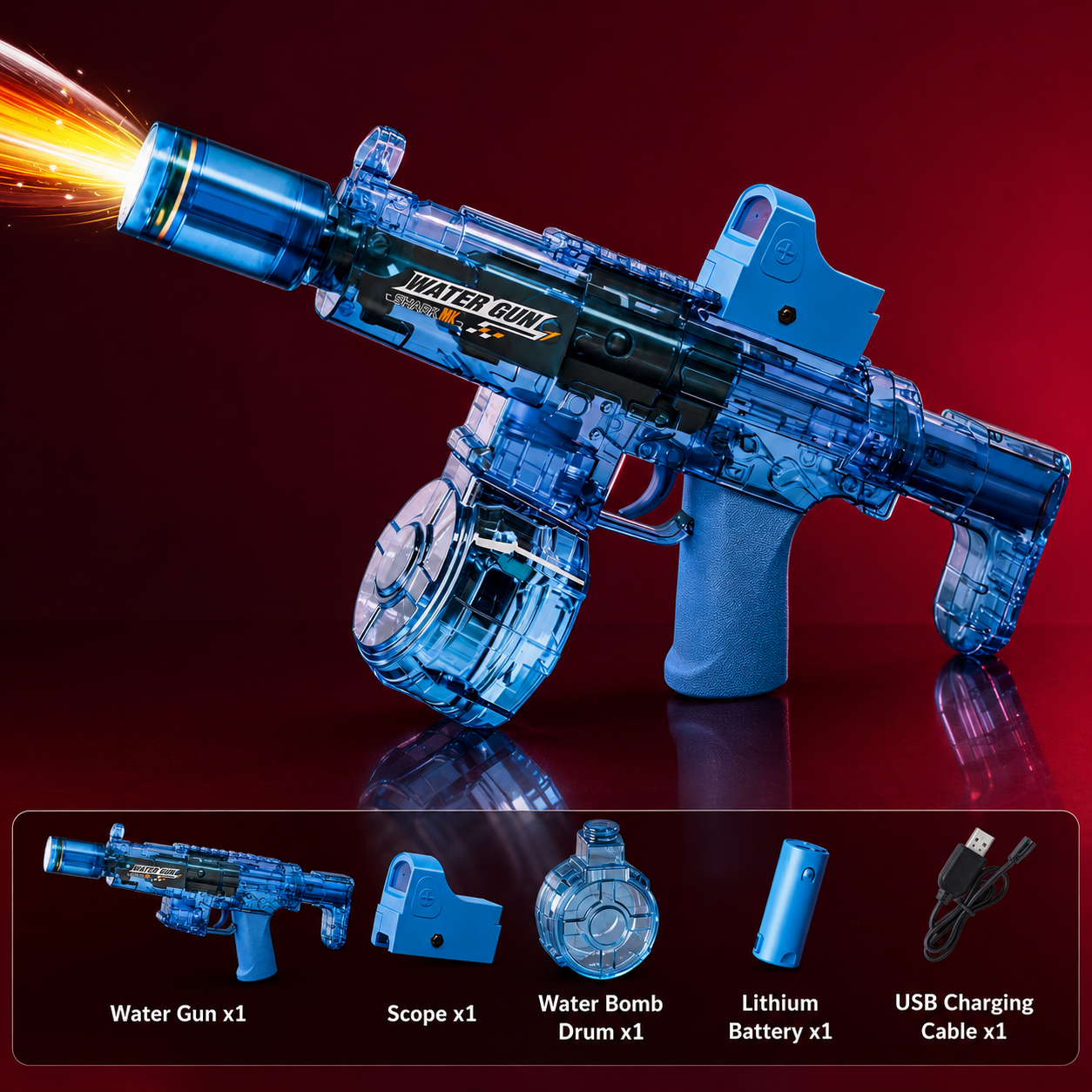 Blue toy water gun with charging cable on a red background