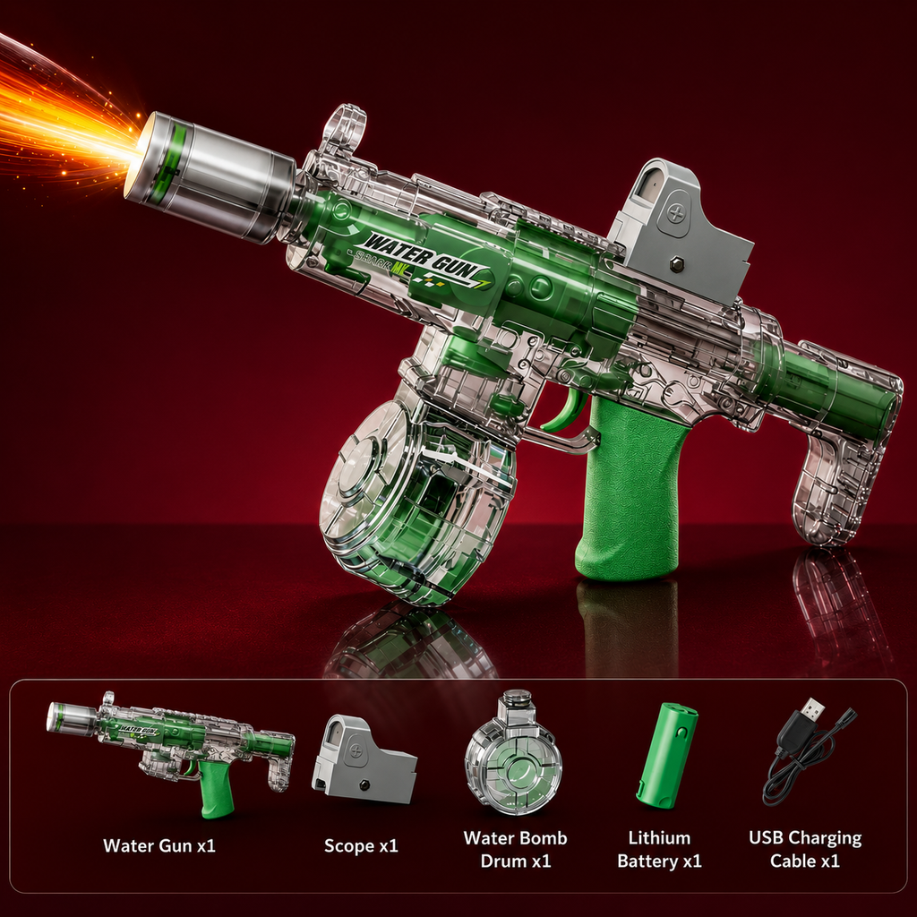Toy water gun with scope and charging cable on a reflective surface with red background