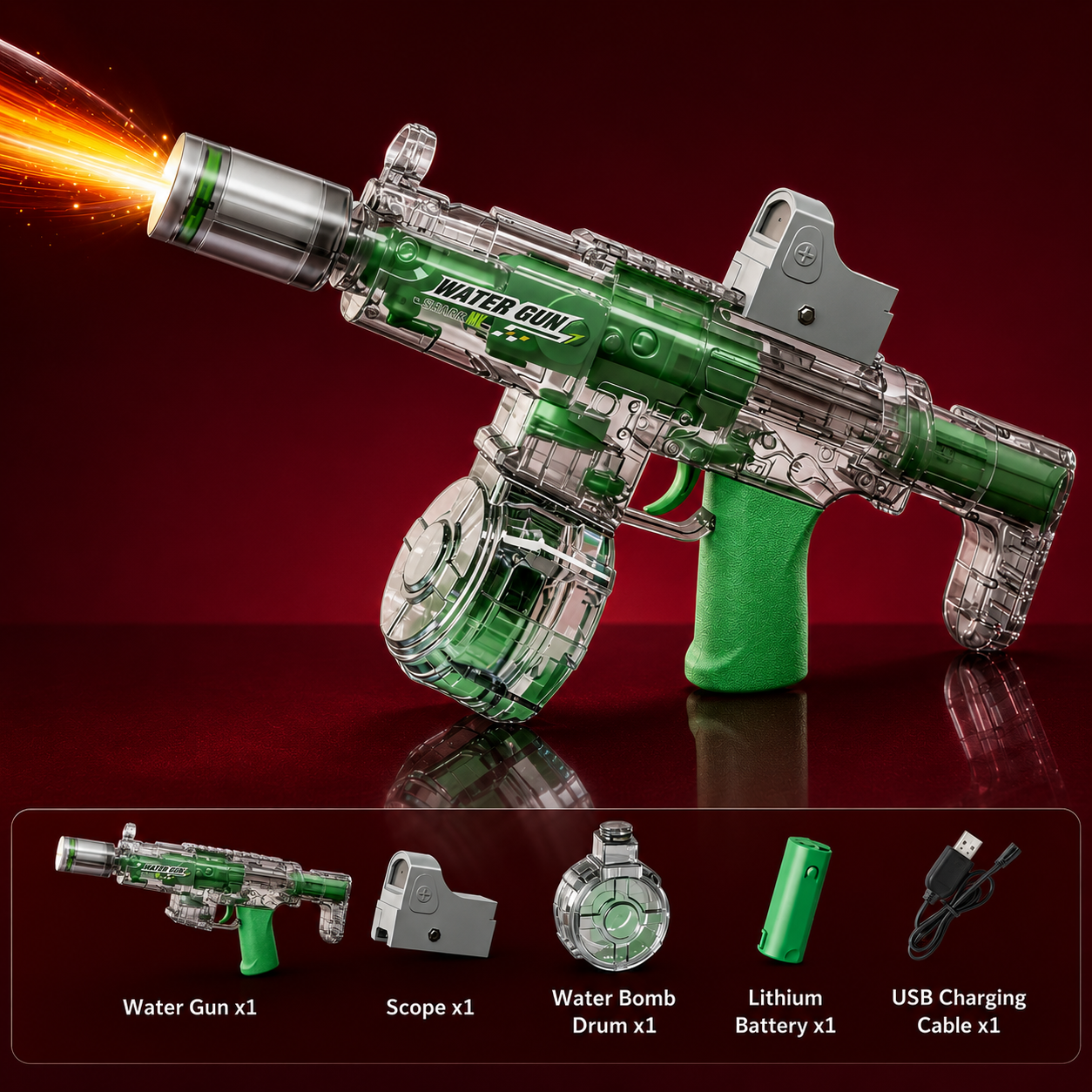 Toy water gun with scope and charging cable on a reflective surface with red background